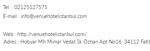 Venue Hotel Istanbul Old City telefon numaralar, faks, e-mail, posta adresi ve iletiim bilgileri